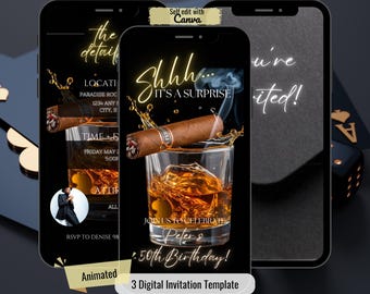 Modèle d'invitation fête d'anniversaire surprise pour homme numérique, invitation thème whisky, personnalisé tout âge 30, 40, 50, 60, téléchargement immédiat Evite