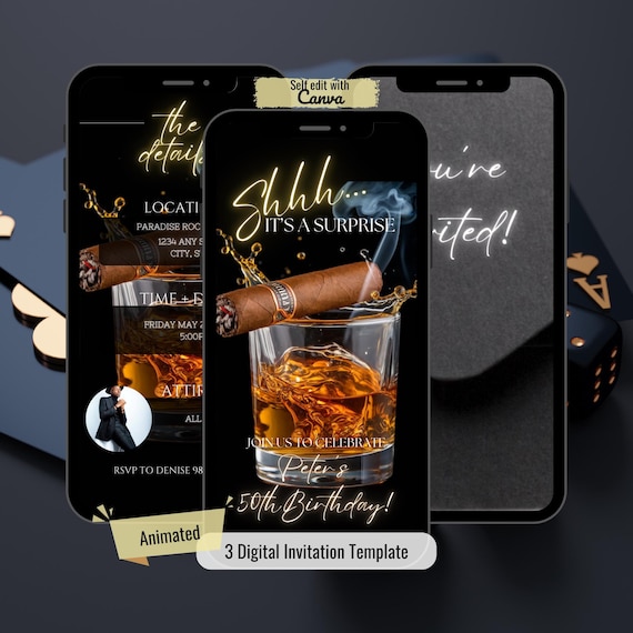 Digital Mens Surprise Birthday Party Invite Template, Whiskey Theme Invite, Personalized Any Age 30th 40th 50th 60th, Instant Download Evite
