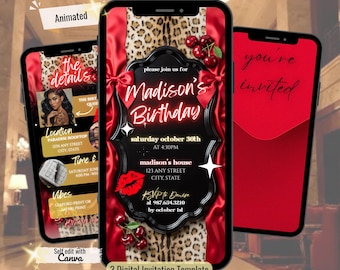 Convite de aniversário em vídeo com estampa de leopardo neon e cereja vermelha, texto animado "Diva" e modelo editável do Canva para ela.