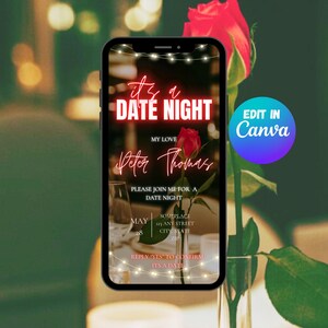 Peut inclure: Un écran de smartphone affiche une invitation pour une soirée romantique avec le texte "It's a Date Night" en néon rouge. L'invitation comprend le nom "Peter Thomas" et une demande de confirmation. Une rose rouge est en arrière-plan.