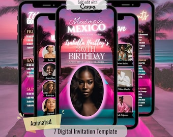 Girls Trip Birthday Itinerary: Mexico Vacation Invitation (Digital Download), Neon Pink Cancun Birthday Invite, Mexico Girls Trip Evite