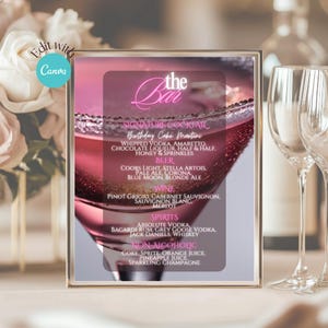SZABLON Menu Napojów Barowych, Neon Pink Martini, Wydrukowana Karta Menu Napojów Barowych, Szablon Canva Natychmiastowe Pobranie, 8 x 10 Cali Wydrukowane Menu