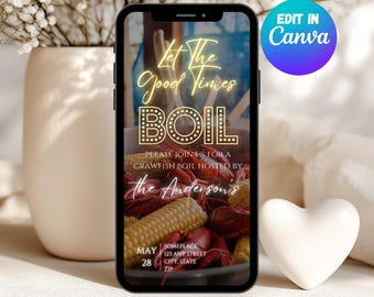 Pode incluir: Um convite digital para um cozido de lagosta com o texto "Let the good times boil" em letras de néon amarelo. O convite inclui a data, 28 de maio, e a localização, Someplace, 123 Any Street, City, State, Zip. A imagem de fundo é uma panela de cozido de lagosta com milho na espiga e lagostas vermelhas.