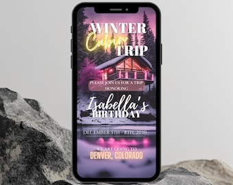 Convite de aniversário para viagem de inverno luxuosa em cabana, roteiro digital para fim de semana entre amigas, destino de férias editável.