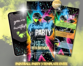 Convite para Festa de Paintball Neon, Vídeo de Aniversário para Meninos, Convite Editável em Canva com Mensagem de Texto, 276