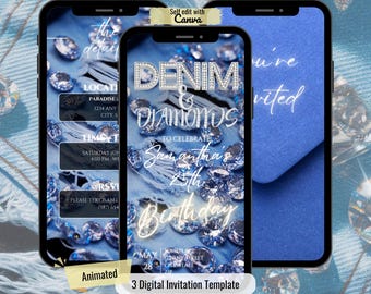 Denim & Diamonds Birthday Invitation, Animated Video Evite, Editable Canva Template for Her