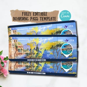 Modèle modifiable de carte d'embarquement, billet d'avion personnalisé imprimable Sicile Italie, carte d'embarquement à faire soi-même, cadeau d'anniversaire de voyage