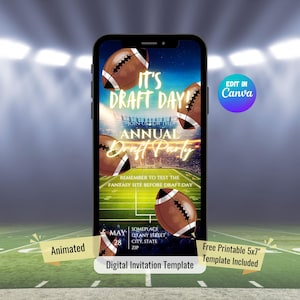 Editable Fantasy Football Draft Party Invitation Template, Canva Football Party Invite, Animated Football Draft Day Electronic Evite, 50