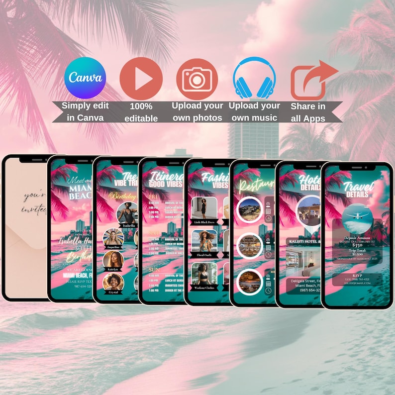 May include: A digital invitation for a Miami Beach birthday party. The invitation is designed with a teal and pink color scheme and features palm trees, a beach scene, and text that says "Meet me in Miami Beach".