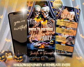 Convite para Festa de Halloween "Vista-se com Estilo", Festa à Fantasia de Casal Esqueleto, Convite Editável em Vídeo no Canva, 273