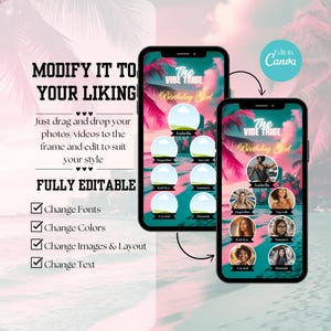 May include: A digital template for a birthday party invitation with a tropical theme. The template features a beach scene with palm trees and a turquoise ocean. The text "The Vibe Tribe Birthday Girl" is displayed in a pink and white font. The template includes a grid of nine photo frames, each with a different name written below it.