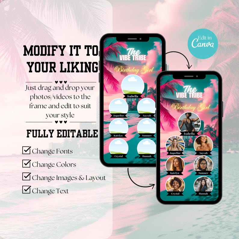 May include: A digital template for a birthday party invitation with a tropical theme. The template features a beach scene with palm trees and a turquoise ocean. The text "The Vibe Tribe Birthday Girl" is displayed in a pink and white font. The template includes a grid of nine photo frames, each with a different name written below it.