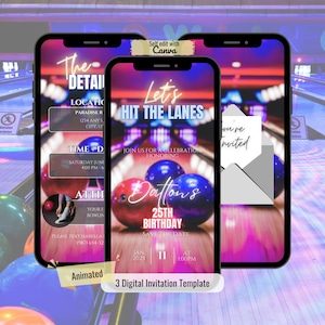 Pode incluir: Três modelos de convite digital em smartphones. Os convites apresentam um tema de boliche com o texto "Let's Hit the Lanes" e "25th Birthday". O design inclui bolas de boliche e detalhes do evento.