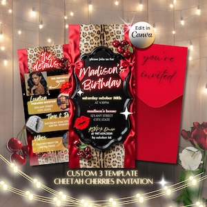 May include: A digital birthday invitation template set featuring a cheetah print background, red satin ribbons, and cherry illustrations. The design includes a black ornate frame with text reading Madison's Birthday, details, and you're invited.