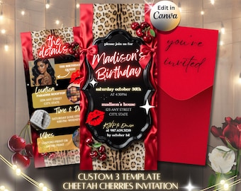 Convite de aniversário Coquette Leopard, modelo de convite em vídeo Canva rosa neon cereja, modelo de texto editável Canva, 226