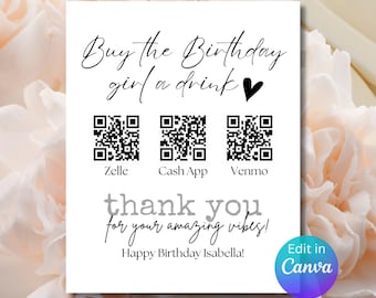 Personalized Scan to Pay Sign: Birthday QR Code Canva Template (Digital Download)