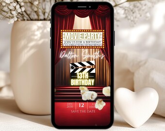 Convite de aniversário com tema de filme de animação, convite para festa de cinema (editável no Canva), convite para festa temática de cinema para adolescentes e adultos.
