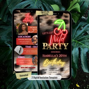 Puede incluir: Dos plantillas de invitación digital en smartphones. Una muestra los detalles de la fiesta con foto, ubicación y hora. La otra presenta el texto "Let's Get Wild Party" con un gráfico de cerezas, en honor al 20 cumpleaños de Isabella. El fondo tiene un estampado de leopardo.