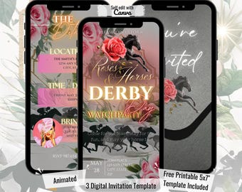 Animierte Derby Day Party Einladung: Rosen & Pferde Evite (digitaler Download, 5x7 druckbar enthalten)