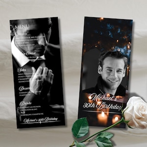 Herren bearbeitbares Geburtstagsbildmenü, Vollbildmenü und Getränkekarte, 4x9-Veranstaltungsmenüvorlage, Geburtstagstisch, Abendessen Canva-Vorlage