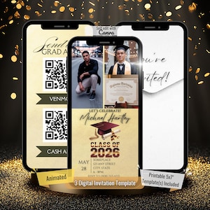 Könnte beinhalten: Eine digitale Abschlussfeier-Einladung, die auf drei Smartphones angezeigt wird. Das zentrale Telefon zeigt eine Fotocollage und den Text "Let's Celebrate! Michael Hartley, Klasse von 2026." Die Einladung enthält eine druckbare 12,7 x 17,8 cm Vorlage.