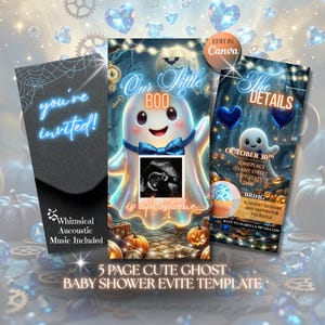Puede incluir: Una plantilla de invitación digital de cinco páginas para baby shower con temática de fantasmas. El diseño incluye texto como you're invited, Our Little BOO is almost due y The DETAILS, junto a un gráfico central de un fantasma.