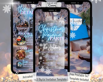 Animated Christmas Pajama Party Invitation Template (Digital Download), Silver Blue Holiday Evite, 119