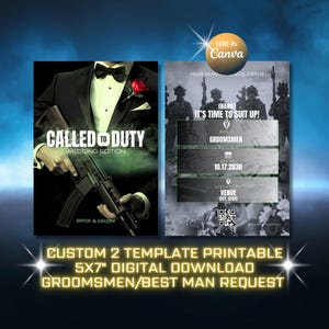May include: A digital wedding invitation template set featuring a black tuxedo with a red rose and a rifle, alongside a military-themed request card with text including CALLED TO DUTY, GROOMSMEN, 10.17.2030, and a QR code. The printable 5x7 inch design.