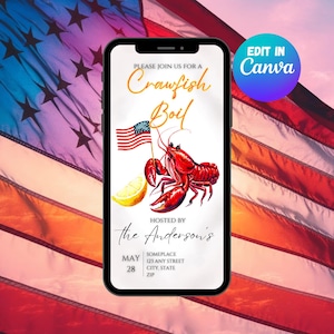 May include: A smartphone displays a digital invitation for a crawfish boil. The invitation features a red crawfish holding an American flag and a lemon slice. The background is a blurred American flag.