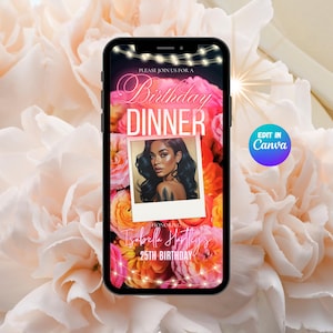 Elegant Floral Birthday Invitation, Editable Digital Glam Dinner Party Evite, Pink Coral & Orange Template, Editable Birthday Dinner Invite