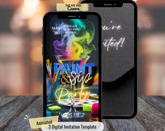 Puede incluir: Una plantilla de invitación digital para una fiesta de pintura y degustación. La plantilla presenta una copa de martini con humo de colores y pinceles. El texto "Paint & Sip Party" está en una fuente colorida y estilizada. La fecha es el 28 de mayo. ¡Estás invitado! está escrito en texto blanco sobre un fondo negro.
