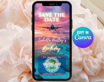 Convite Save the Date para Belize, Planejador de Itinerário de Viagem, Convite Save the Date para Viagem entre Amigas, Convite Save the Date para Viagem de Aniversário, Convite Save the Date para Viagem Tropical