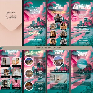 May include: A set of 8 colorful digital templates for a birthday party in Miami Beach, Florida. The templates feature palm trees, a beach scene, and text that says "Meet me in Miami Beach" and "The Vibe Tribe Birthday Girl".