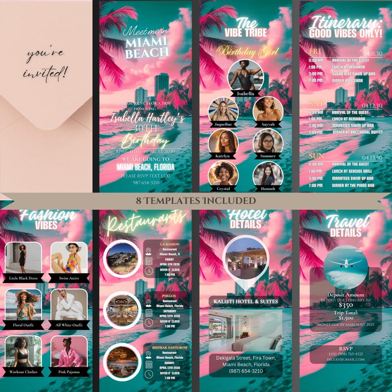 May include: A set of 8 colorful digital templates for a birthday party in Miami Beach, Florida. The templates feature palm trees, a beach scene, and text that says "Meet me in Miami Beach" and "The Vibe Tribe Birthday Girl".