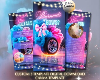 Vídeo de revelação de gênero "Burningouts or Bows" para convite Evite, modelo editável de chama de pneu para Canva, download animado, 219