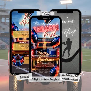 May include: Three digital invitation templates for a tailgate party, displayed on smartphones. The design features a red pickup truck with a barbecue setup, footballs, and the text "Touchdown Tailgate Bash". Includes a free 5x7" template.