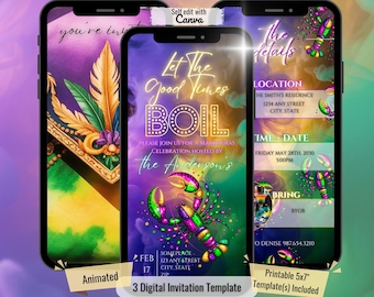 Karneval-Crawfish-Boil-Einladung animiertes Evite + 5 x 7 druckbares Bündel, Let The Good Times Boil Party einladen, Louisiana Cajun-Thema, 167