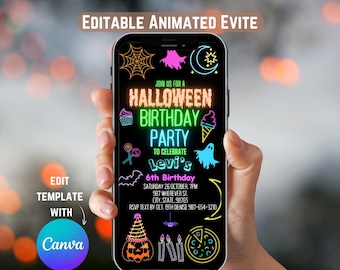 Convite de aniversário neon brilhante para o Halloween, convite animado e assustador, modelo digital editável do Canva