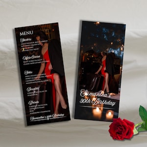 Edytowalne menu urodzinowe ze zdjęciem, pełne menu ze zdjęciem i karta drinków, szablon menu wydarzenia 4x9, menu stołu na kolację urodzinową, szablon Canva na kolację