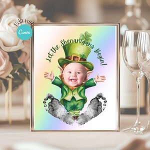 Foto ricordo dell'impronta del piede del giorno di San Patrizio, attività di bricolage modificabile del primo folletto del bambino, impronta della mano stampabile per bambini piccoli in asilo nido e scuola materna
