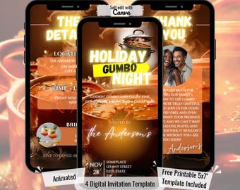 May include: Digital invitation template for a Holiday Gumbo Night, displayed on three smartphones. The design features a warm colour scheme with text including "Holiday Gumbo Night" and event details. Includes a free printable 5x7" template.
