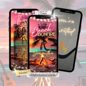 Könnte beinhalten: Drei Smartphones, die eine digitale Einladungsvorlage für ein Lagerfeuer am Strand anzeigen. Das Haupttelefon zeigt eine Lagerfeuerszene mit Palmen, einer Gitarre und dem Text "Beach Bonfire" und "Hosted by Samantha". Die anderen Telefone zeigen ähnliche Designs.