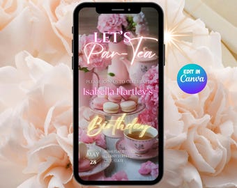 Luxury Pink Tea Party Animated Invitation: Whimsical Birthday Evite (Digital Download), Animated Mobile Phone Invite, Neon Pink Floral