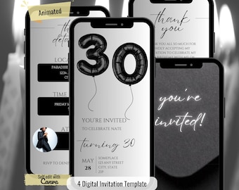 Black Tie 30th Birthday Invitation: Elegant Black Balloons Digital Download, Animated Black Invite, Luxury Mobile Phone Text Message Evite