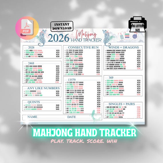 2026 Mahjong Hand Tracker Printable, American Mah Jongg Score Sheet PDF, Checkbox Scorecard, Chinoiserie Design, 3 PDF US Letter Size, 211