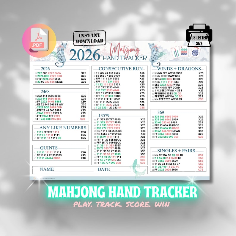 2026 Mahjong Hand Tracker Printable, American Mah Jongg Score Sheet PDF, Checkbox Scorecard, Chinoiserie Design, 3 PDF US Letter Size, 211 Bild 1
