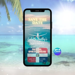 Op de afbeelding: Een smartphone toont een digitale uitnodiging voor Isabella Hartley's 25e verjaardag. De uitnodiging toont een tropische strandscène, een vliegtuig en de tekst "Save the Date" en "Punta Cana, Dominicaanse Republiek."