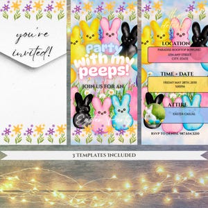 May include: Three printable invitation templates for an Easter party. The invitations feature a cartoon illustration of colorful Peeps candy and the text "Party with my peeps!" and "Join us for an Easter Party".