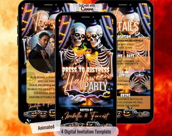 Convite animado para festa de Halloween com tema romântico sombrio, vídeo para convite, noite de jogos de Halloween, modelo editável do Canva