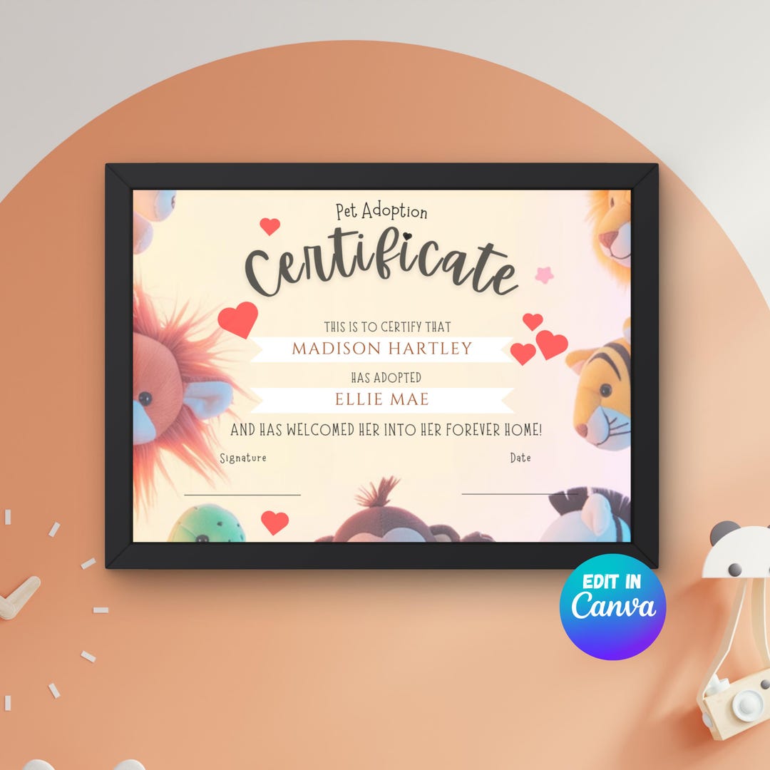 Stuffed Animal Adoption Certificate Printable 8.5x11, Editable Canva ...